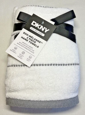 DKNY TOALLAS DE MANO (2) RAYAS BLANCAS GRISES 16 X 28 100% Algodón NUEVO CON ETIQUETAS Foto 1 de 2