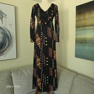 Maxi abito vintage anni 60 70 fatto a mano geometrico scollo a V nero arcobaleno a pois - Foto 1 di 12
