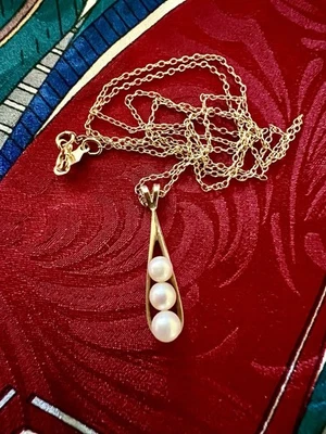  14K Yellow Gold Chain Necklace w/ 3-Pearl 14K Pendant, 19.5” - 1.88g  - Image 1 of 4