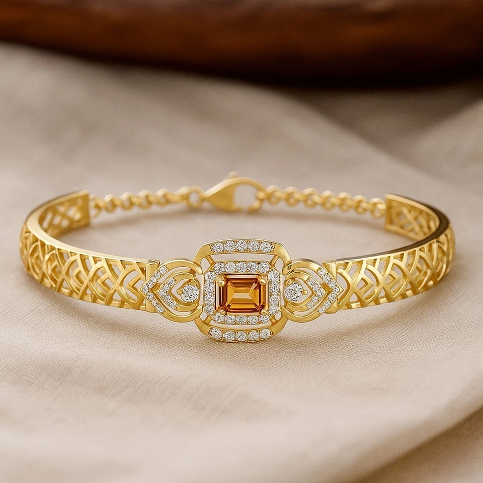 Natural Citrine & Diamond Bracelet 14K Solid Gold – November Birthstone # 1017 - Image 1 of 1