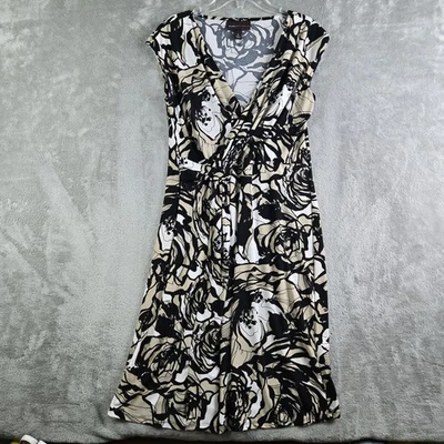 Dana Buchman Dress Small Black White Tan Floral Faux Wrap V Neck Office Church - Image 1 of 4
