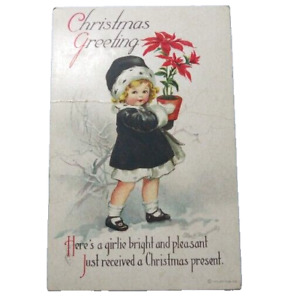 Antique Postcard Ellen Clapsaddle Christmas Girl Poinsettia Red Cross Stamp 1915