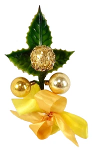 Christmas Corsage Gold Glass Balls Bow Holly Leaves Vintage #443 - Picture 1 of 6