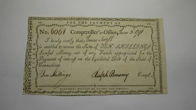 1791 10 Shillings Connecticut Comptrollers Office Colonial Currency Note Pomeroy - Image 1 of 2