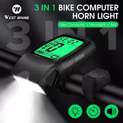 WEST BIKING Bike Computer USB Charging Wireless Waterproof 3 In 1 Headlight Horn - Image 1 of 4