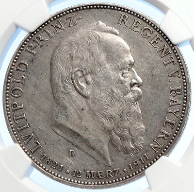 1911 D GERMANY Bavaria Otto I PRINCE LUITPOLD Silver 3 Marks Coin NGC i106226 - Image 1 of 4