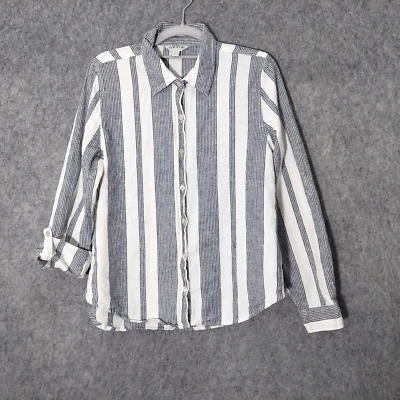 Женская рубашка Orvis S льняная морская прибрежная в полоску Chambray на пуговицах с закругленной вкладкой - Изображение 1 из 4