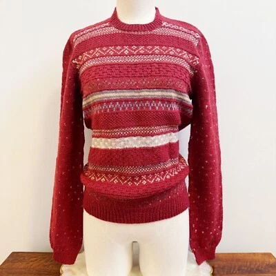 Mary Davis Knitwear Pure Wool Hand knit White Red Crew Sweater S/M Cottagecore Foto 1 de 4