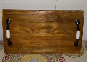 Farmhouse Style Reclaimed Wood Handmade Serving Tray Dark Brass/Ceramic Handles - Picture 1 of 6