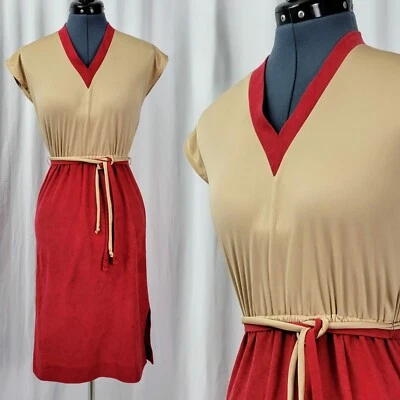 Vtg Tan Nylon & Red Synth Suede Blouson Dress w Matching Fabric Belts Size S? - Image 1 of 4