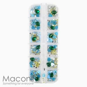 Nail Art Rhinestone Set #28 Emerald Pear Blue Hearts Baguette Flat Back Gold - Picture 1 of 2