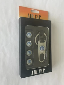 4 ~ Mopar Chrome w/Blue Lettering Air Valve Caps with Key Ring & Wrench - Picture 1 of 4