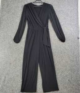 Nicole Miller Jumpsuit Womens Medium Black Stretch Knit Surplice Sheer Sleeve - Picture 1 of 11