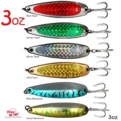 FISH WOW!® 3oz Fishing Spoons Jig Treble Hook Holographic Laser casting crocodile bait lot