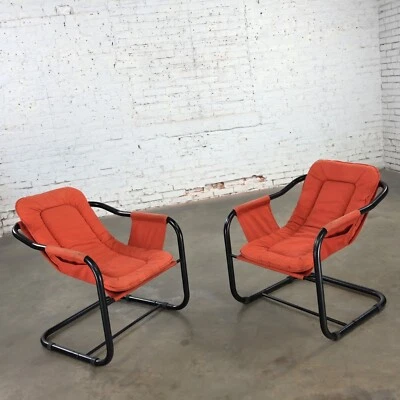 1970’s Modern Orange & Black Tube Cantilever Sling Chairs Lounge Jerry Johnson S - Image 1 of 4