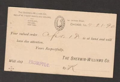 US Postal History Postal Stationary Card 1890 Illustrated The SHERWIN WILLIAMS. - Image 1 of 2