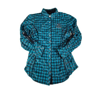 Coogi Shirt Womens Large Blue Plaid 90s Button Snaps Pockets Long Sleeve - Picture 1 of 12