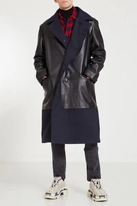 NWT Balenciaga Mens Leather Cotton Navy Black Blazer Mid Length Jacket 42 L XL - Picture 1 of 12