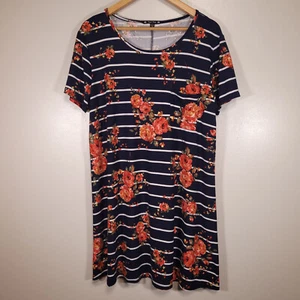 Try! This Size 2XL Navy Blue Striped Floral Short Sleeve T-Shirt Dress - Picture 1 of 4