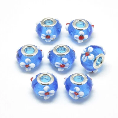 10 pcs Handmade Rondelle with Flower Bumpy Blue Lampwork European Beads 16x14mm - Image 1 of 2