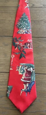 复古温布利男式圣诞丝绸领带维多利亚圣诞老人冬青红色 56 英寸 X 4 — 第 1/4 张图片
