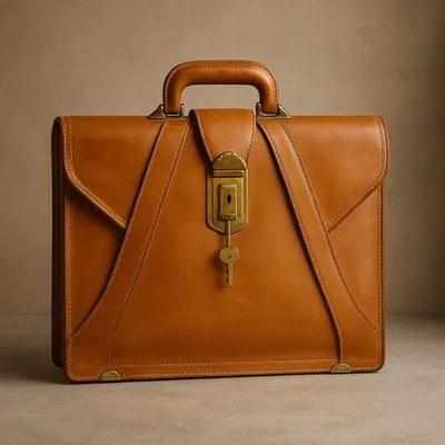 Mid Century Top Grain Cowhide Briefcase Stay Open Frame Vintage Bag with Key MCM - Image 1 of 4