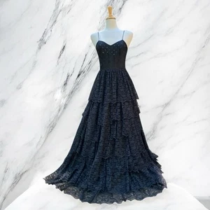 VTG Y2K Whimsigoth Dress Sz L Black Lace Tiered Sequins Sleeveless Sweetheart - Picture 1 of 16