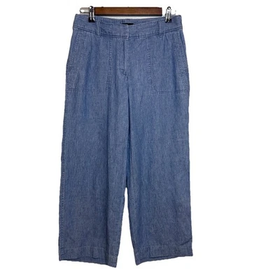 Pantalones Cortos Talbots Talla 2 Cambray Lino Mezcla Algodón Pierna Ancha Azul Foto 1 de 4