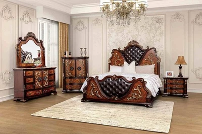 Gold Detail Eastern King Size 4pc Bed Set Diamond Tufted Headboard And Footboard - Image 1 of 4
