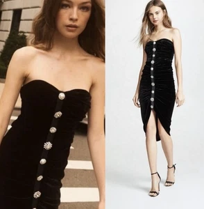 Veronica Beard Palo Ruched Black Velvet Midi Dress Crystal Buttons Strapless 2 - Picture 1 of 16