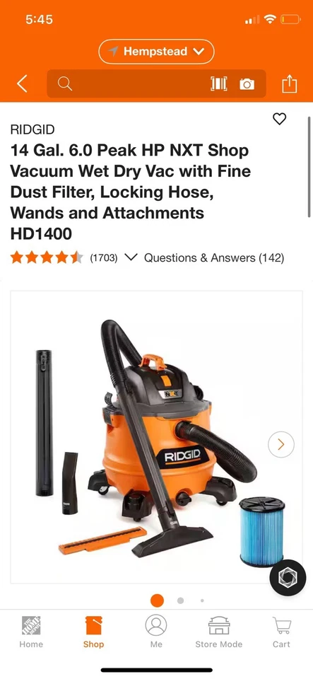 14 加仑 6.0 Peak 惠普 NXT Shop 真空 HD1400 干湿 Vac 带精细除尘器,Lo — 第 1/1 张图片