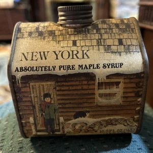 Vtg 1984 Absolutely Pure Maple Syrup Tin New York Timian's Maple Farms Log Cabin - Picture 1 of 7