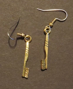 Dentist Toothbrush Earrings Dental Care Hygienist 24 Karat Gold Plate - Picture 1 of 3