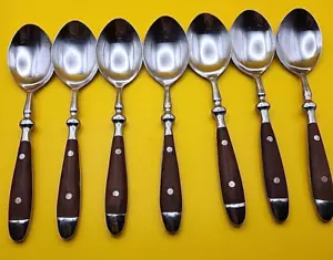 Vintage Lot of 7 Soup Spoons Stainless China Flatware Brown Handles 7.5in. - Picture 1 of 9