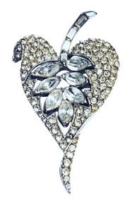 Vintage 1980s Clear Rhinestone Leaf Brooch Bright Silver Tone Metal VFG - Picture 1 of 8