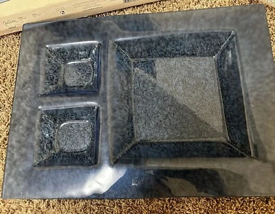 Blue Crystal Glass Appetizer Tray Luigi Bormioli Gallery Double Dip Serving Tray - Image 1 of 4