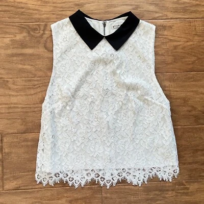 Топ Alice + Olivia размер 2 Wylie без рукавов кружевной с воротником квадратный кремовый/черный - Изображение 1 из 4