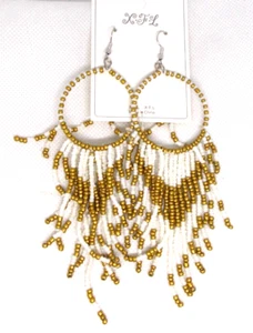 Boho earrings white gold Seed Bead Beaded Round Hoop Fringe Tassel Long new - Picture 1 of 1