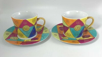 PETTI AILE Juego de dos tazas y platillos pintados a mano multicolor con líneas doradas Foto 1 de 4