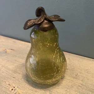 4” Vintage Crackle Glass Pear With Metal Stem Leaves 370 - Picture 1 of 9