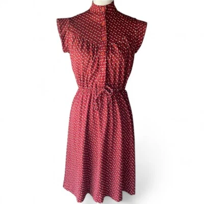 VTG Fit & Flare Dress Cottagecore Rockabilly Maroon Printed Cap Sleeve Prairie 5 - Image 1 of 4