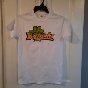 'JA BizTown' Tshirt White With Yellow Green Spellout Sz Small - Picture 1 of 4