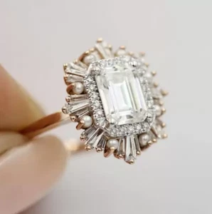 Starburst Halo Smaragdschliff Moissanit Ring in 14K Goldring, Verlobungsring - Bild 1 von 9