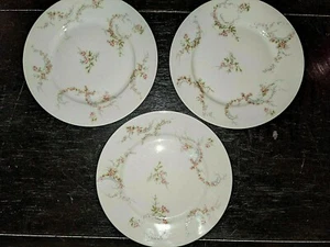 3 THEODORE HAVILAND LIMOGES FRANCE 7 1/2" Salad Plate Pink Roses Blue Ribbon - Picture 1 of 6