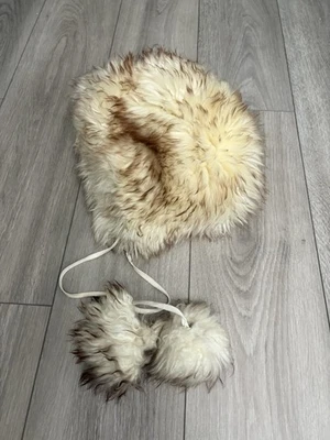 VTG Women's 1950's Real  Fur Winter Hat Cap Bonnet Pom Pom ties - Image 1 of 4