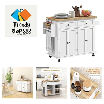 Isla de cocina multifuncional con ruedas, tapa de madera de goma y cajones de almacenamiento Foto 1 de 4