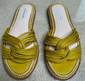 TAHARI MUSTARD YELLOW SUEDE STRAPPY SANDALS SLIDES SZ 7 1/2 - Picture 1 of 8