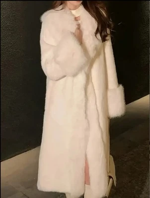 Women’s Elegant White Plush Faux Fur Jacket.Long Sleeve,Flared Hem,Single Breast - Image 1 of 4
