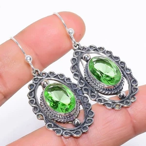Natural Peridot Ethnic Gemstone 925 Sterling Silver Earring 2.0" h504 - Picture 1 of 7