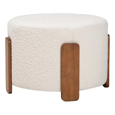 Baxton Studio Finlay Cream Boucle Fabric and Brown Wood Ottoman Footstool - Image 1 of 4